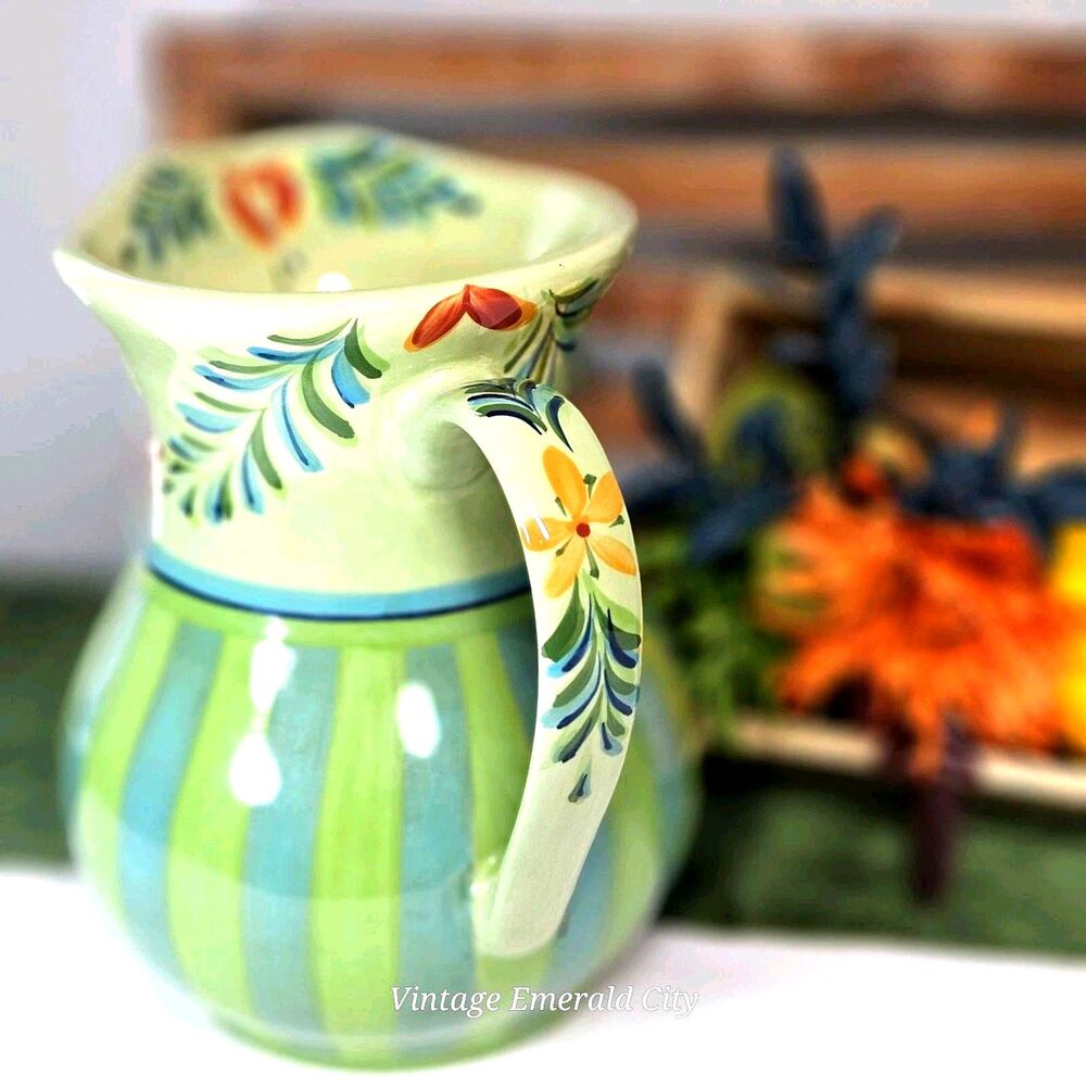 Vtg Large Provence Gail Pittman Water Pitcher Jug Flowers Green & Blue Stripes